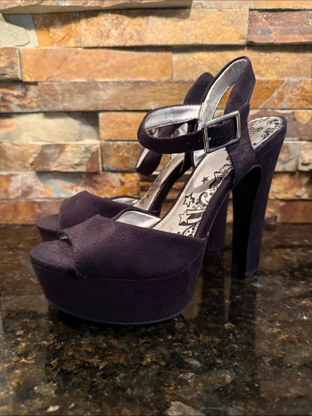 Brash Black Suede Platform Peep-Toe Heels with Ankle Strap